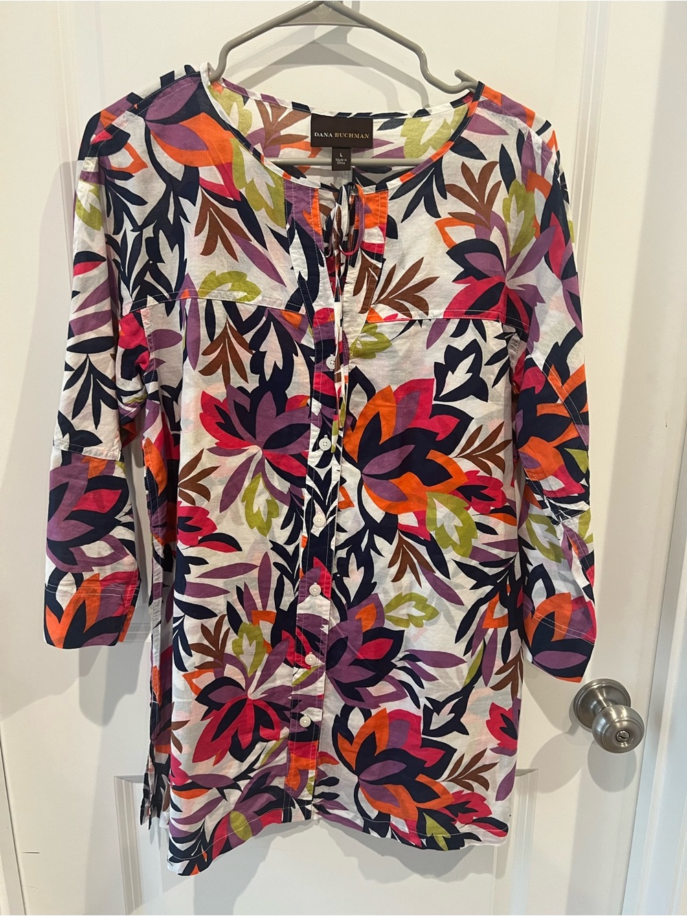 Dana Buchman Floral Button-Front Tunic - Multicolor Size Large 100% Cotton